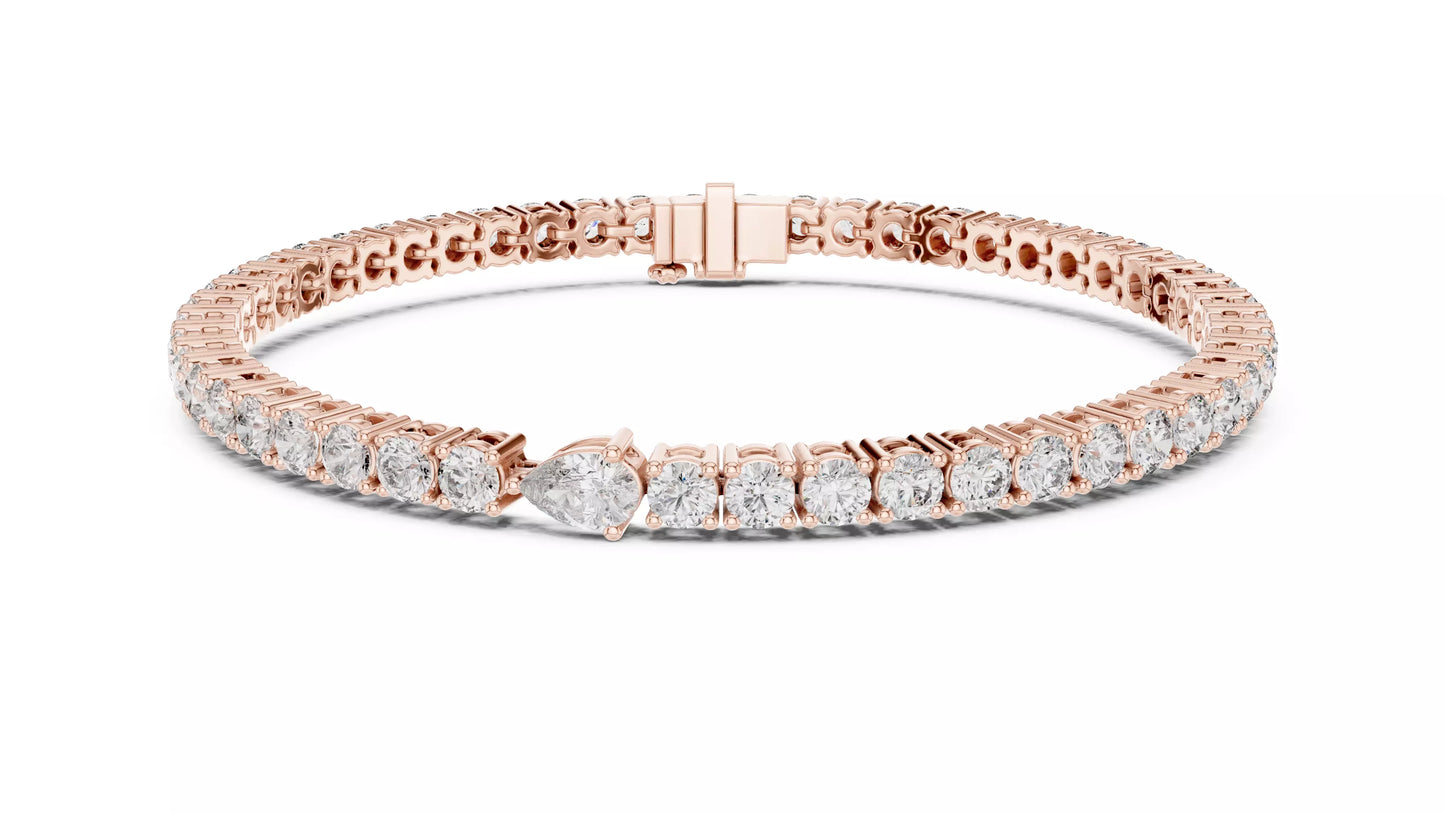 ROSE GOLD LAB-GROWN DIAMOND TENNIS BRACELET SHOWING ARTICULATED PRONG-SET ROUND DIAMONDS AND TEARDROP FOCAL, VVS TO VS+ CLARITY, D–F COLOR #ROSE GOLD