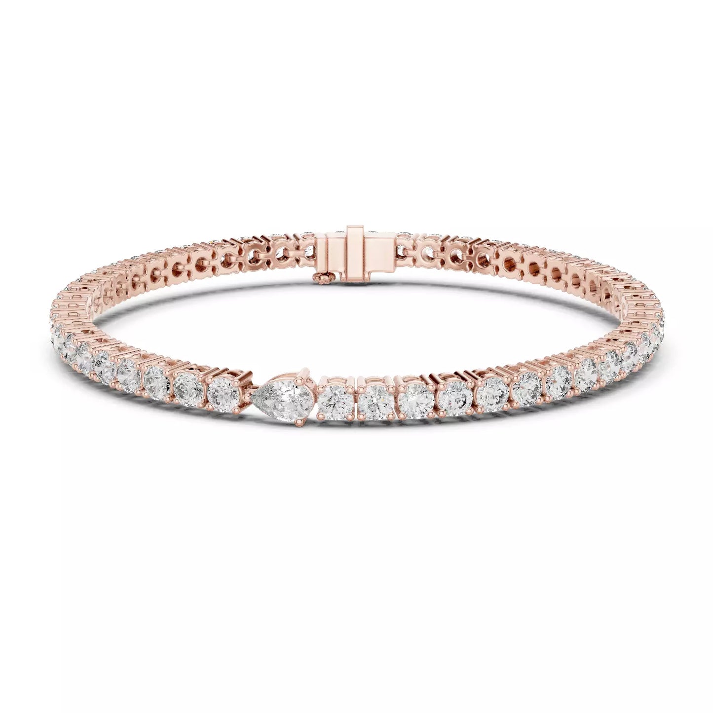 ROSE GOLD LAB-GROWN DIAMOND TENNIS BRACELET SHOWING ARTICULATED PRONG-SET ROUND DIAMONDS AND TEARDROP FOCAL, VVS TO VS+ CLARITY, D–F COLOR #ROSE GOLD