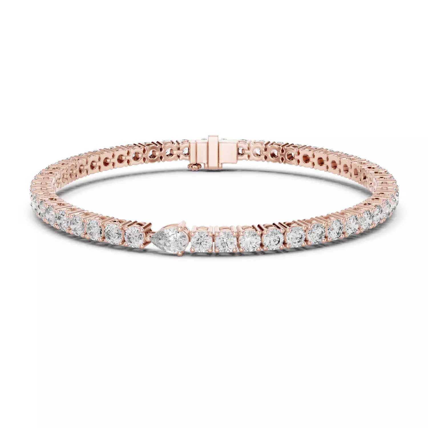 ROSE GOLD LAB-GROWN DIAMOND TENNIS BRACELET SHOWING ARTICULATED PRONG-SET ROUND DIAMONDS AND TEARDROP FOCAL, VVS TO VS+ CLARITY, D–F COLOR #ROSE GOLD