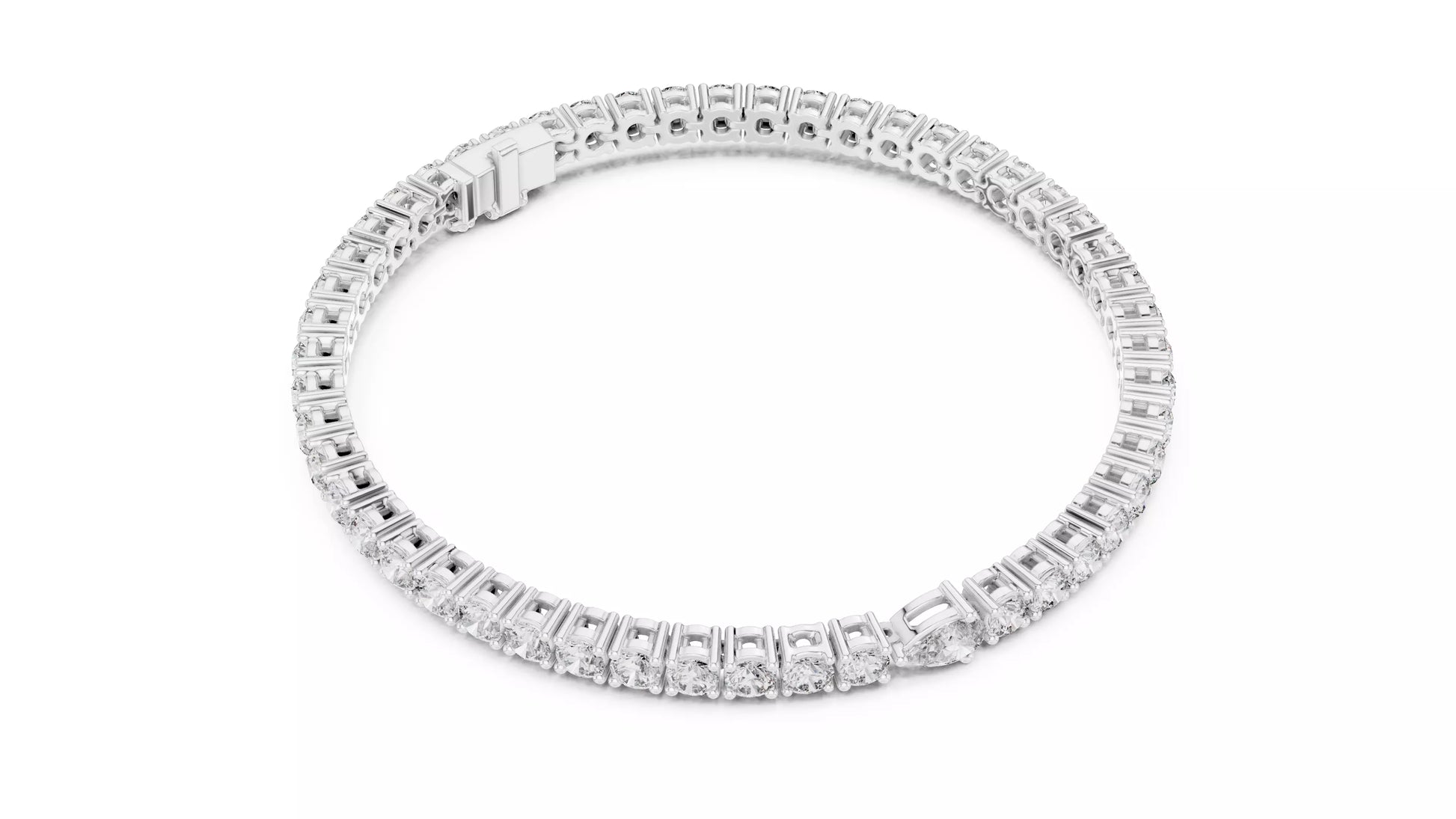 WHITE GOLD LAB-GROWN DIAMOND TENNIS BRACELET SHOWING FLEXIBLE LINK CONSTRUCTION AND PRONG-SET DIAMONDS, VVS TO VS+ CLARITY, D–F COLOR #WHITE GOLD