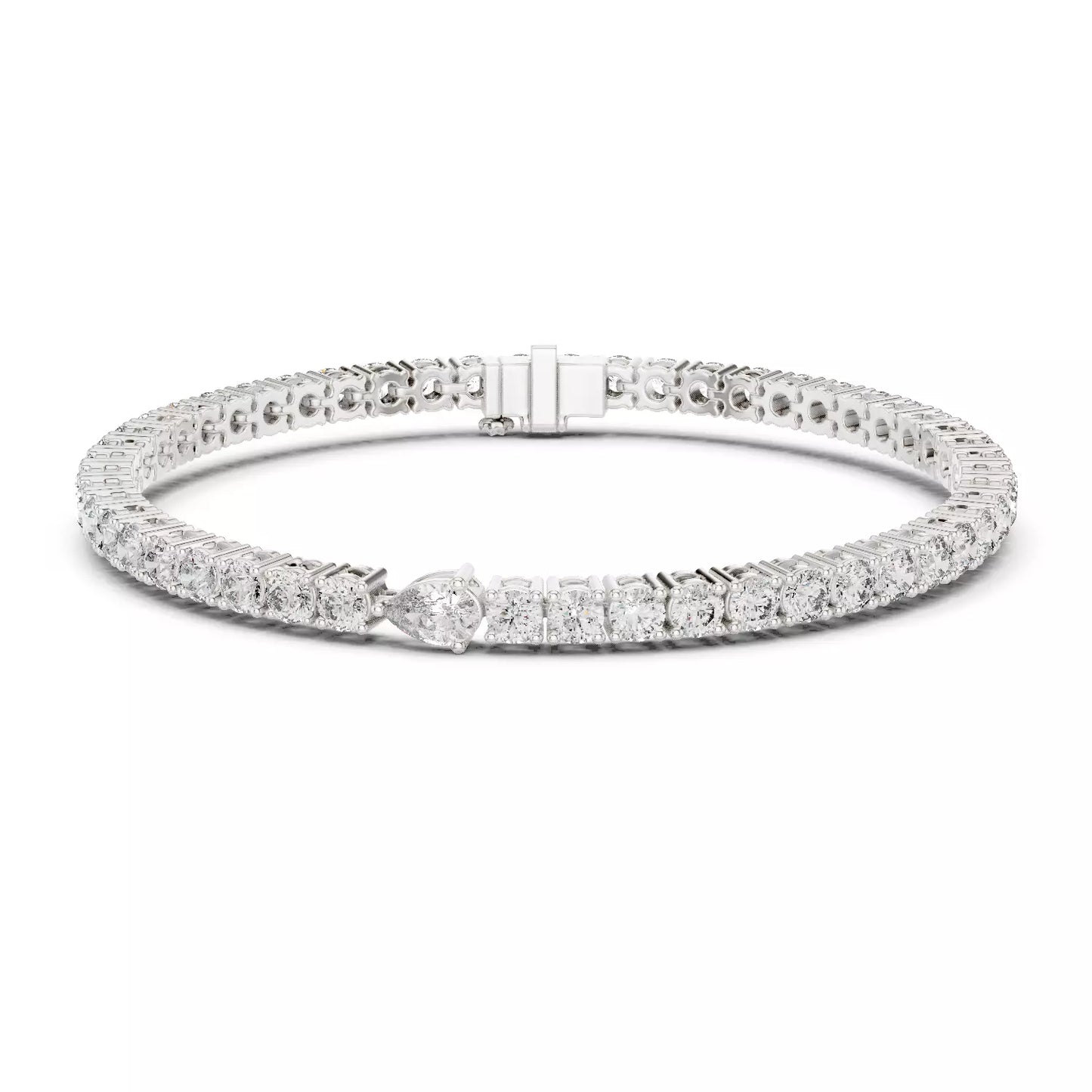 WHITE GOLD LAB-GROWN DIAMOND TENNIS BRACELET SHOWING FLEXIBLE LINK CONSTRUCTION AND PRONG-SET DIAMONDS, VVS TO VS+ CLARITY, D–F COLOR #WHITE GOLD