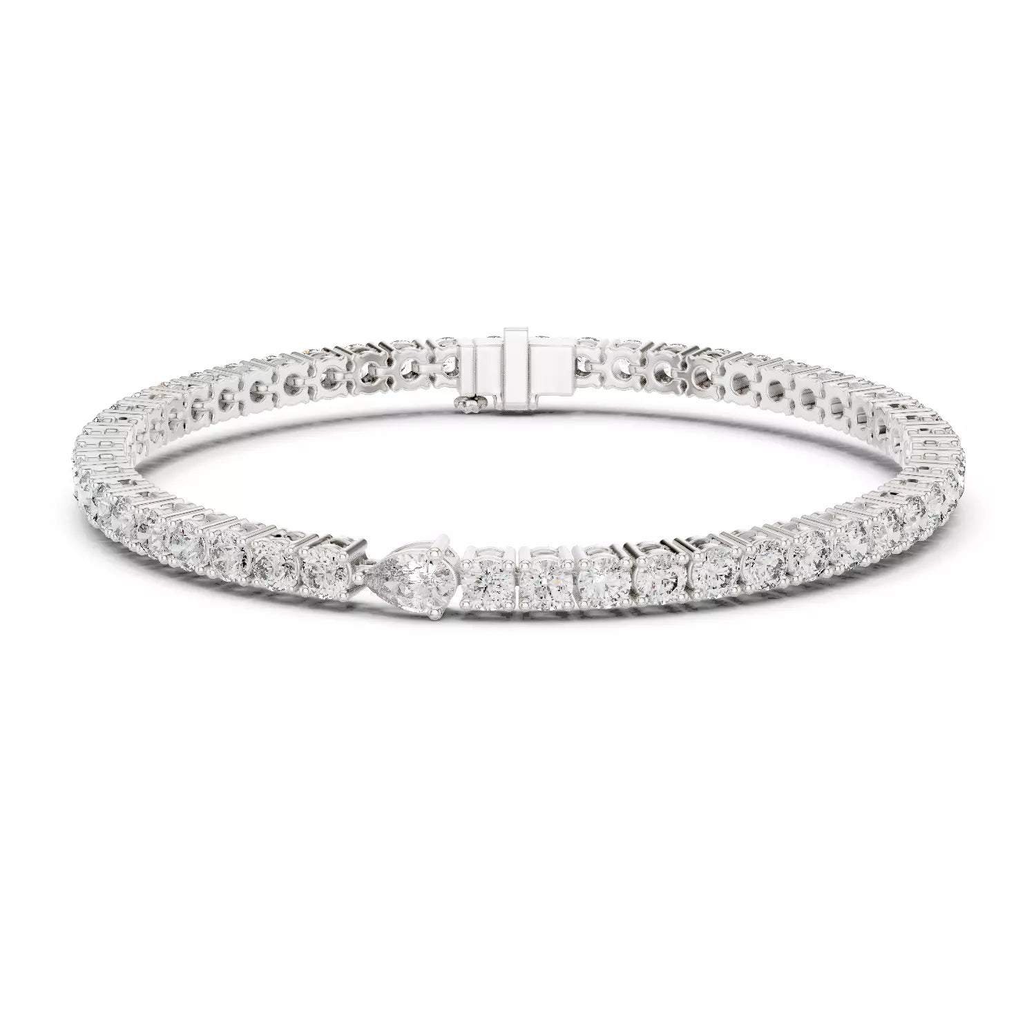 WHITE GOLD LAB-GROWN DIAMOND TENNIS BRACELET SHOWING FLEXIBLE LINK CONSTRUCTION AND PRONG-SET DIAMONDS, VVS TO VS+ CLARITY, D–F COLOR #WHITE GOLD