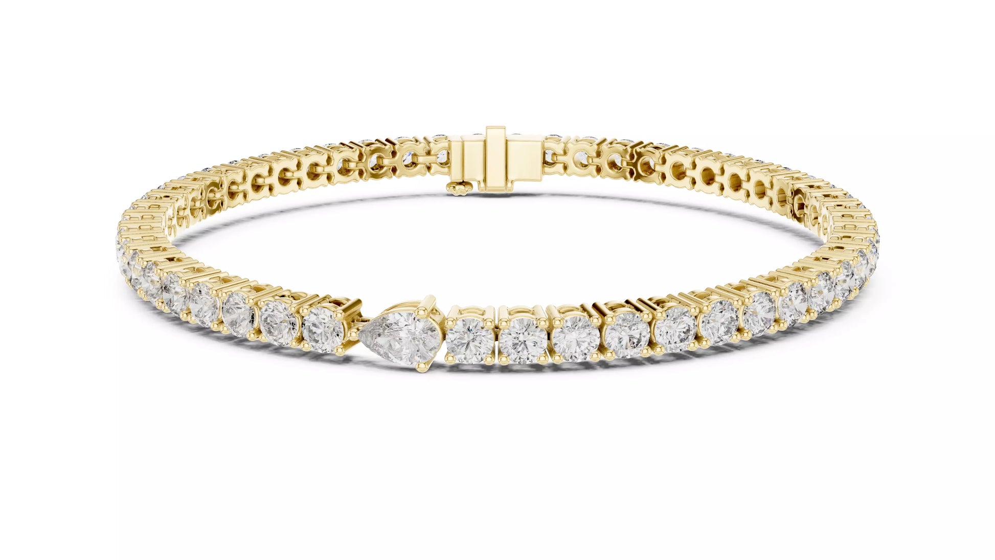 YELLOW GOLD LAB-GROWN DIAMOND BRACELET WITH BOX CLASP AND SAFETY FEATURE, PRONG-SET PEAR CENTER AND ROUND DIAMONDS, VVS TO VS+ CLARITY, D–F COLOR #YELLOW GOLD