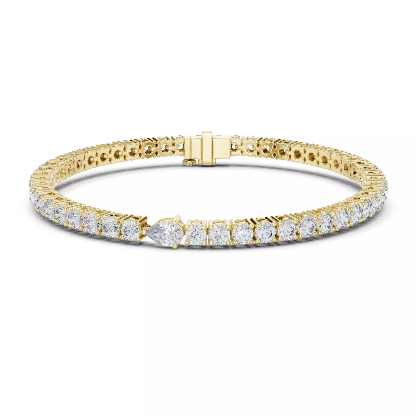 YELLOW GOLD LAB-GROWN DIAMOND BRACELET WITH BOX CLASP AND SAFETY FEATURE, PRONG-SET PEAR CENTER AND ROUND DIAMONDS, VVS TO VS+ CLARITY, D–F COLOR #YELLOW GOLD