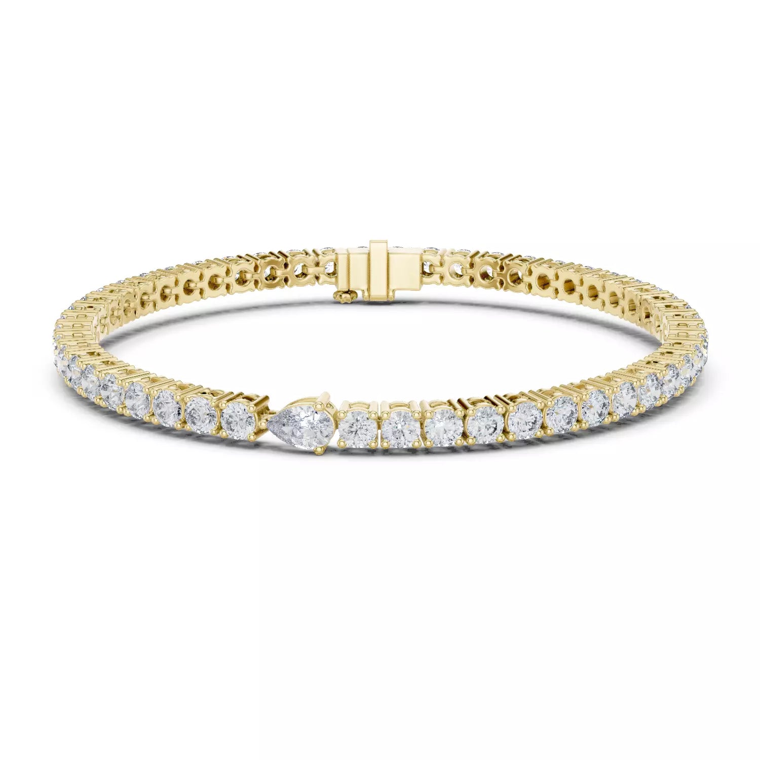 YELLOW GOLD LAB-GROWN DIAMOND BRACELET WITH BOX CLASP AND SAFETY FEATURE, PRONG-SET PEAR CENTER AND ROUND DIAMONDS, VVS TO VS+ CLARITY, D–F COLOR #YELLOW GOLD