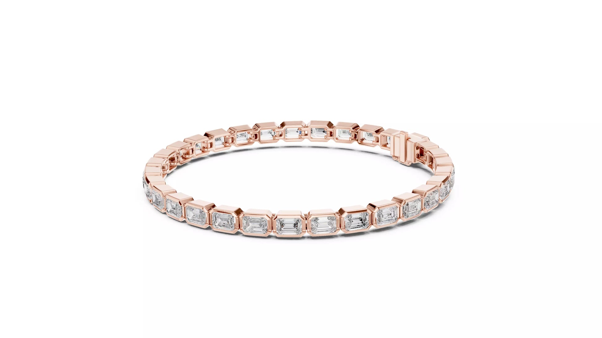 ROSE GOLD LAB-GROWN DIAMOND TENNIS BRACELET SHOWING SMOOTH LINKED BEZELS AND SECURE BOX CLASP, VVS TO VS+ CLARITY, D–F COLOR #ROSE GOLD