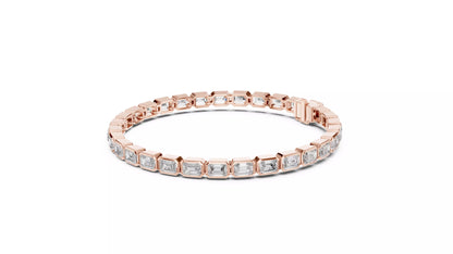 ROSE GOLD LAB-GROWN DIAMOND TENNIS BRACELET SHOWING SMOOTH LINKED BEZELS AND SECURE BOX CLASP, VVS TO VS+ CLARITY, D–F COLOR #ROSE GOLD