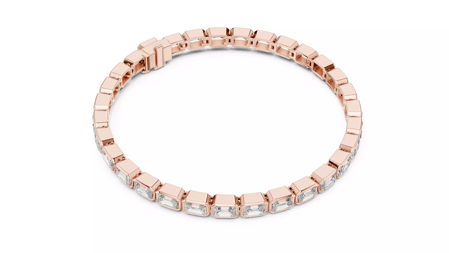 ROSE GOLD LAB-GROWN DIAMOND TENNIS BRACELET SHOWING SMOOTH LINKED BEZELS AND SECURE BOX CLASP, VVS TO VS+ CLARITY, D–F COLOR #ROSE GOLD