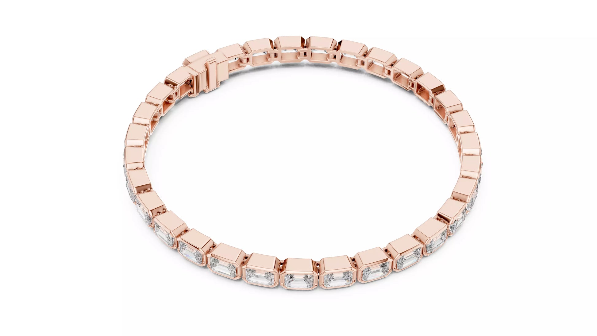ROSE GOLD LAB-GROWN DIAMOND TENNIS BRACELET SHOWING SMOOTH LINKED BEZELS AND SECURE BOX CLASP, VVS TO VS+ CLARITY, D–F COLOR #ROSE GOLD