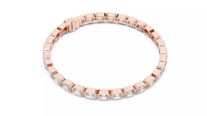 ROSE GOLD LAB-GROWN DIAMOND TENNIS BRACELET SHOWING SMOOTH LINKED BEZELS AND SECURE BOX CLASP, VVS TO VS+ CLARITY, D–F COLOR #ROSE GOLD