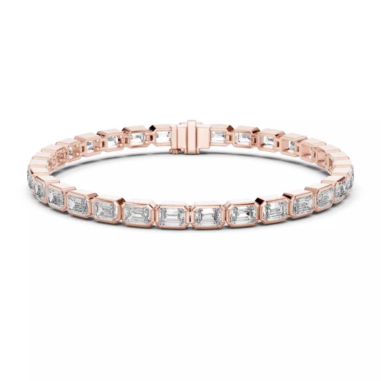 ROSE GOLD LAB-GROWN DIAMOND TENNIS BRACELET SHOWING SMOOTH LINKED BEZELS AND SECURE BOX CLASP, VVS TO VS+ CLARITY, D–F COLOR #ROSE GOLD