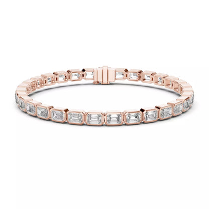 ROSE GOLD LAB-GROWN DIAMOND TENNIS BRACELET SHOWING SMOOTH LINKED BEZELS AND SECURE BOX CLASP, VVS TO VS+ CLARITY, D–F COLOR #ROSE GOLD