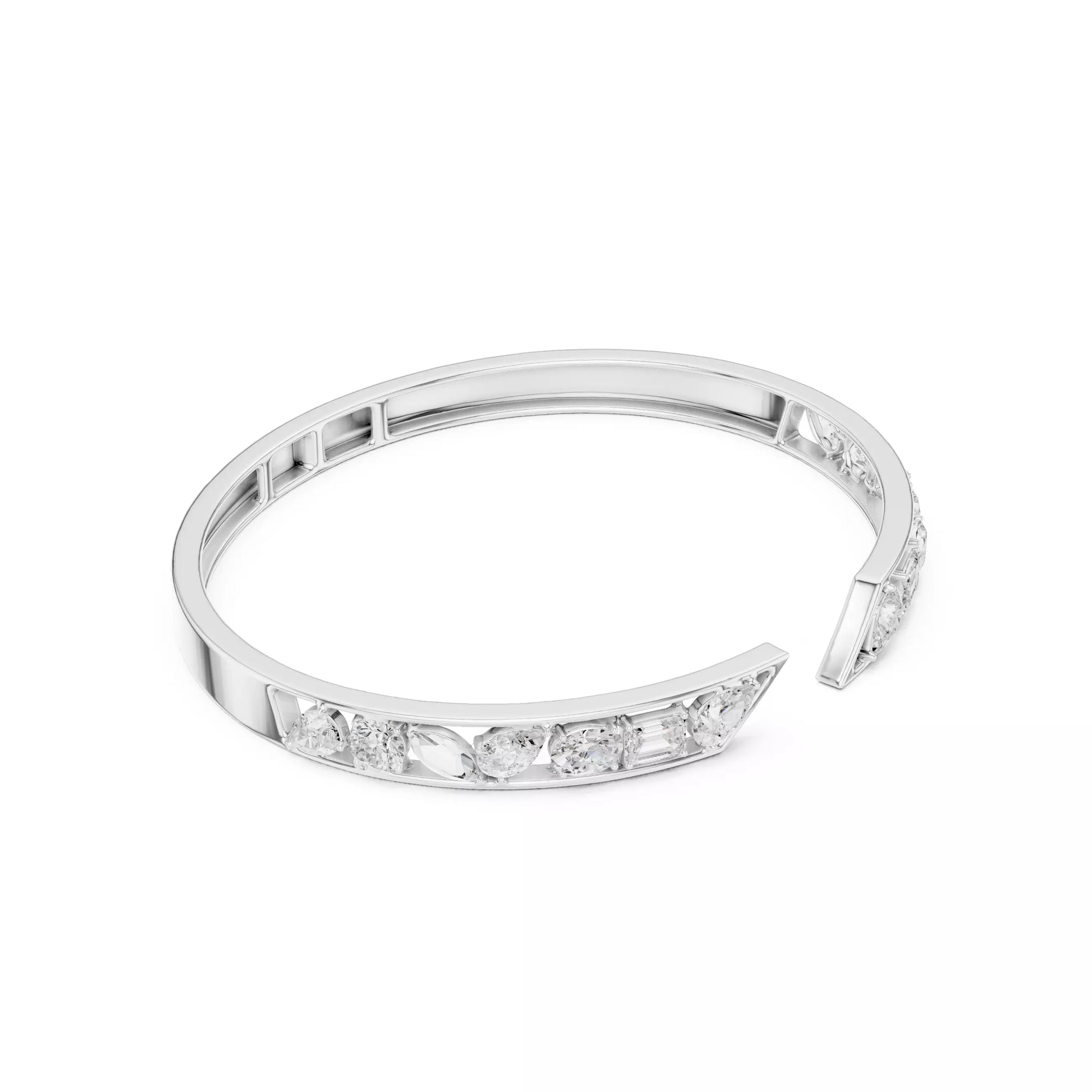 WHITE GOLD OPEN BANGLE AND MIXED PEAR OVAL MARQUISE EMERALD AND ROUND DIAMONDS VVS TO VS+ D-F COLOR #WHITE GOLD