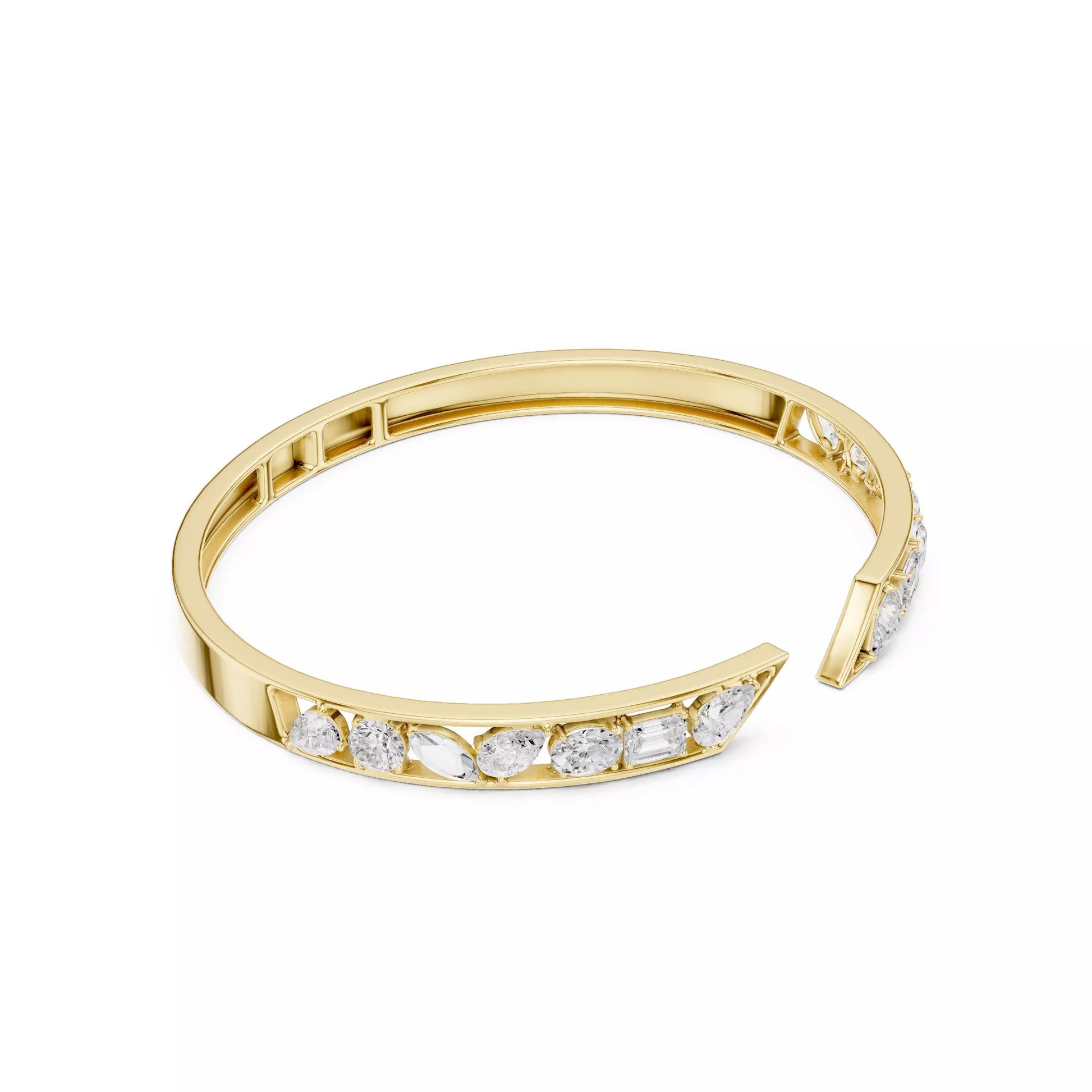 YELLOW GOLD OPEN BANGLE AND MIXED PEAR OVAL MARQUISE EMERALD AND ROUND DIAMONDS VVS TO VS+ D-F COLOR #YELLOW GOLD