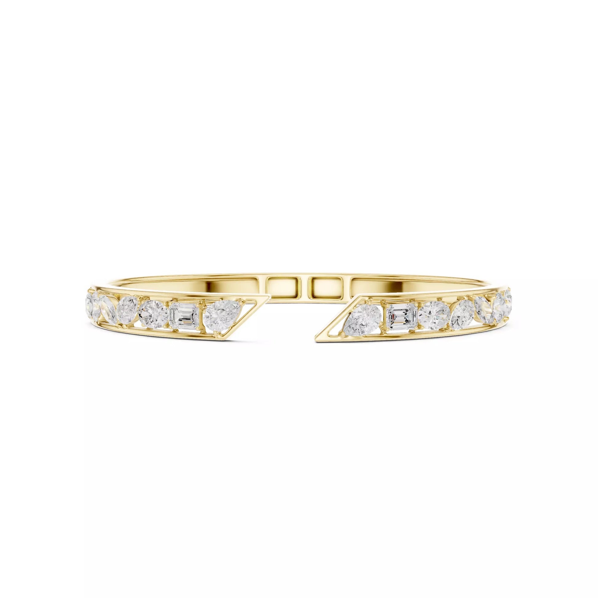 YELLOW GOLD OPEN BANGLE AND MIXED PEAR OVAL MARQUISE EMERALD AND ROUND DIAMONDS VVS TO VS+ D-F COLOR #YELLOW GOLD