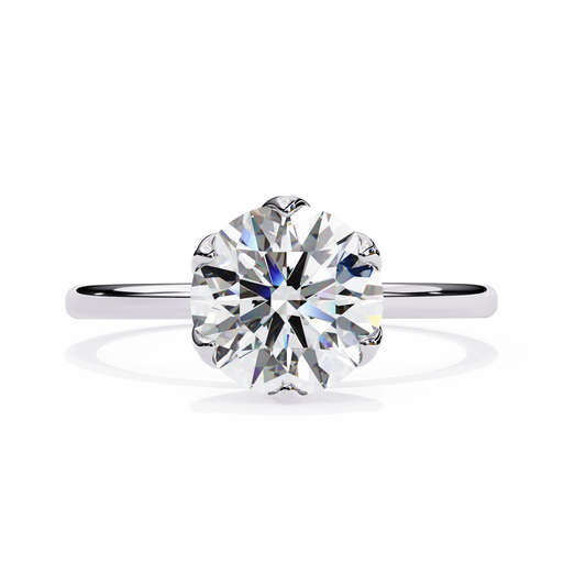 WHITE GOLD SOLITAIRE RING WITH ROUND LAB-GROWN DIAMOND IN SIX-PRONG FLORAL CATHEDRAL SETTING 