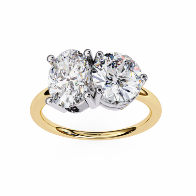 YELLOW GOLD DUAL DIAMOND ENGAGEMENT RING WITH ROUND AND OVAL CUT DIAMONDS 