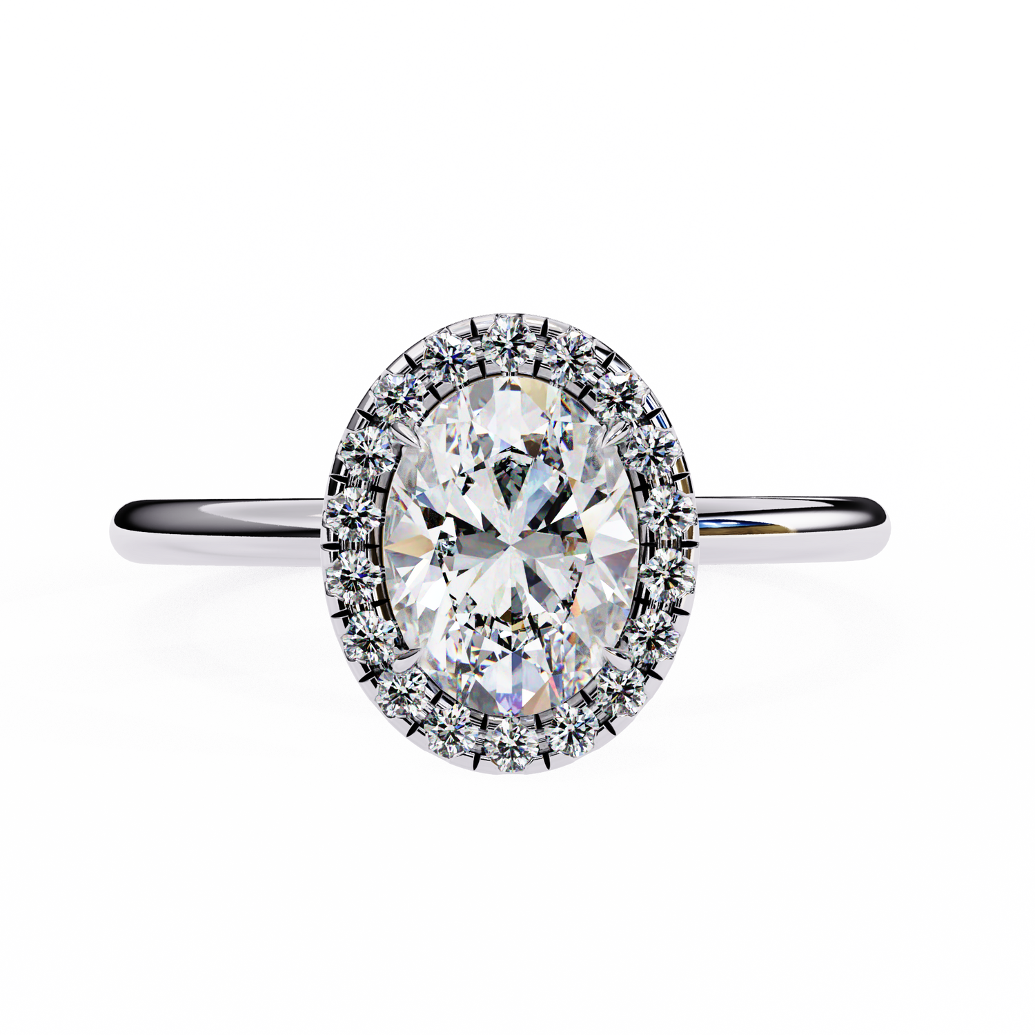 WHITE GOLD WITH OVAL CENTER AND ROUND HALO ##WHITE GOLD