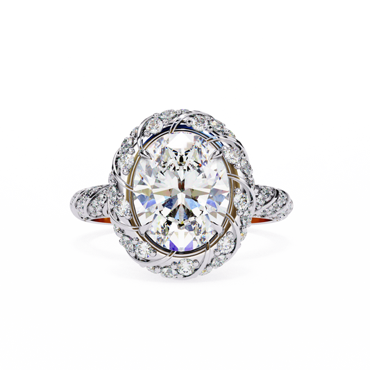 WHITE GOLD OVAL DIAMOND RING HALO SETTING TWISTED PAVE BAND LUXURY 