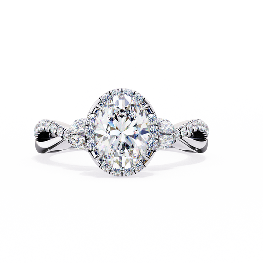OVAL DIAMOND TWISTED HALO RING WHITE GOLD MARQUISE ACCENTS TOP VIEW 