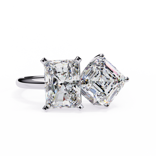 DUAL LAB-GROWN DIAMOND RING WITH RADIANT AND EMERALD CUTS IN WHITE GOLD BAR SETTING 