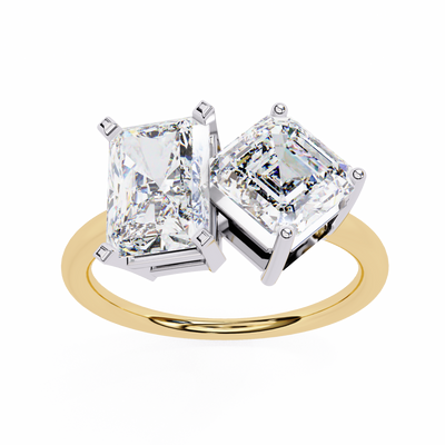 DUAL LAB-GROWN DIAMOND RING WITH RADIANT AND EMERALD CUTS IN YELLOW GOLD BAR SETTING 