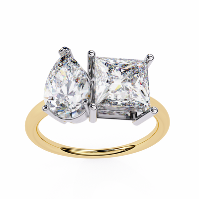 DUAL LAB-GROWN DIAMOND RING WITH PEAR-CUT AND PRINCESS-CUT IN YELLOW GOLD BAR SETTING 