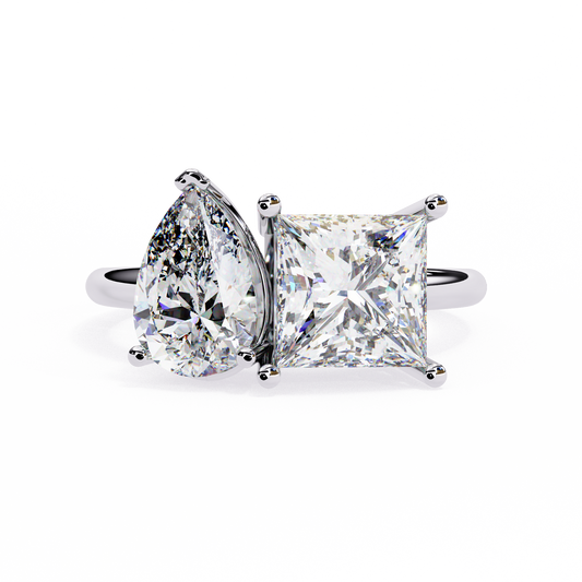 DUAL LAB-GROWN DIAMOND RING WITH PEAR-CUT AND PRINCESS-CUT IN WHITE GOLD BAR SETTING 
