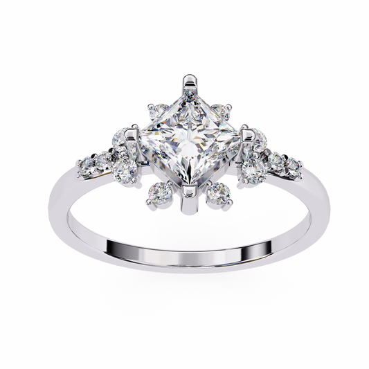 PRINCESS CUT LAB DIAMOND ENGAGEMENT RING WITH VINTAGE CLUSTER SETTING AND ACCENT DIAMONDS IN WHITE GOLD 