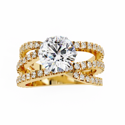 YELLOW GOLD CROSSOVER ENGAGEMENT RING FEATURING TWISTED DIAMOND BANDS AND ROUND CENTER 