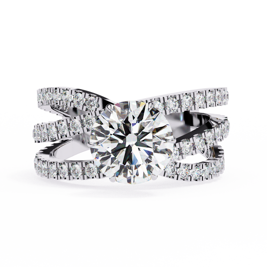 WHITE GOLD CROSSOVER ENGAGEMENT RING FEATURING TWISTED DIAMOND BANDS AND ROUND CENTER 