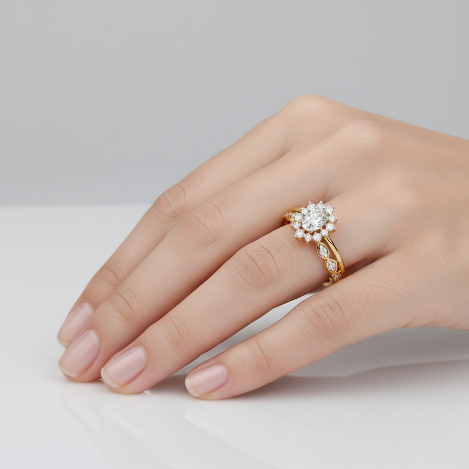 OVAL AND ROUND DIAMOND YELLOW GOLD HALO RING ##YELLOW GOLD