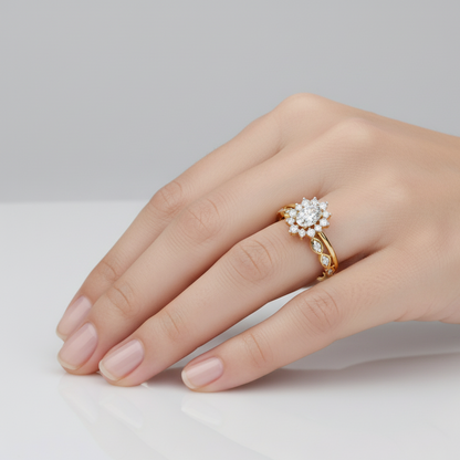OVAL AND ROUND DIAMOND YELLOW GOLD HALO RING 