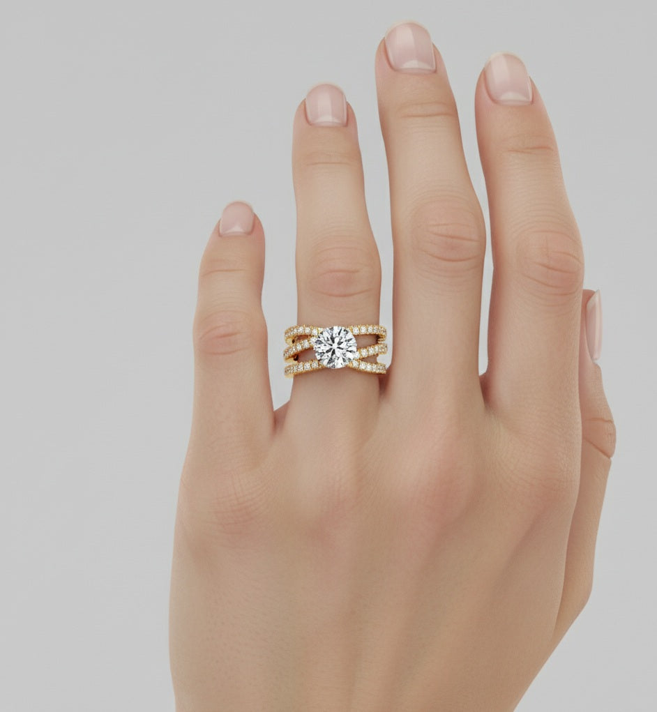 YELLOW GOLD CROSSOVER ENGAGEMENT RING FEATURING TWISTED DIAMOND BANDS AND ROUND CENTER ##YELLOW GOLD