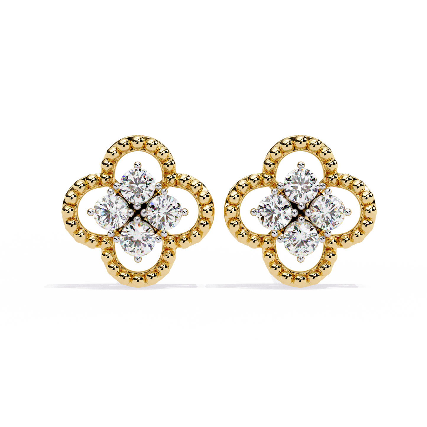 LAB-GROWN DIAMOND EARRING WITH CLOVER CLUSTER STUD DESIGN IN YELLOW GOLD SIDE VIEW FEATURING VVS TO VS+ D–F DIAMONDS LUXURY JEWELRY #YELLOW GOLD