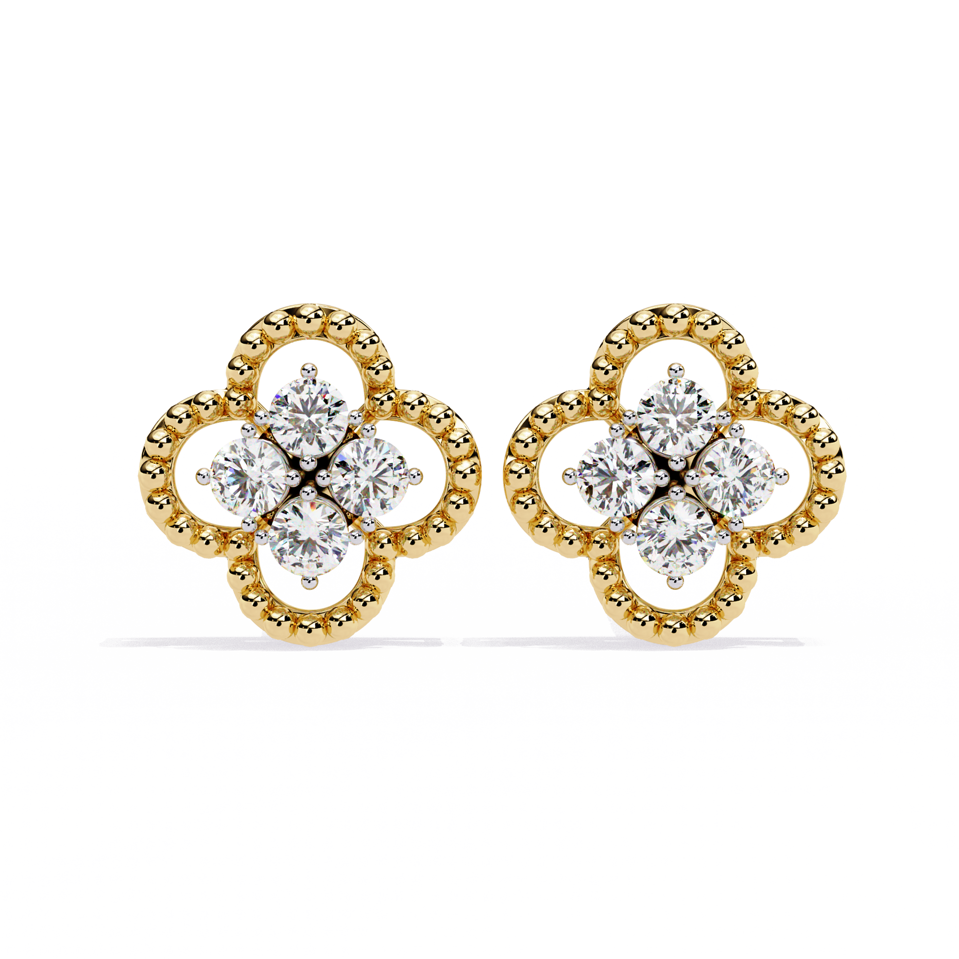 LAB-GROWN DIAMOND EARRING WITH CLOVER CLUSTER STUD DESIGN IN YELLOW GOLD SIDE VIEW FEATURING VVS TO VS+ D–F DIAMONDS LUXURY JEWELRY #YELLOW GOLD