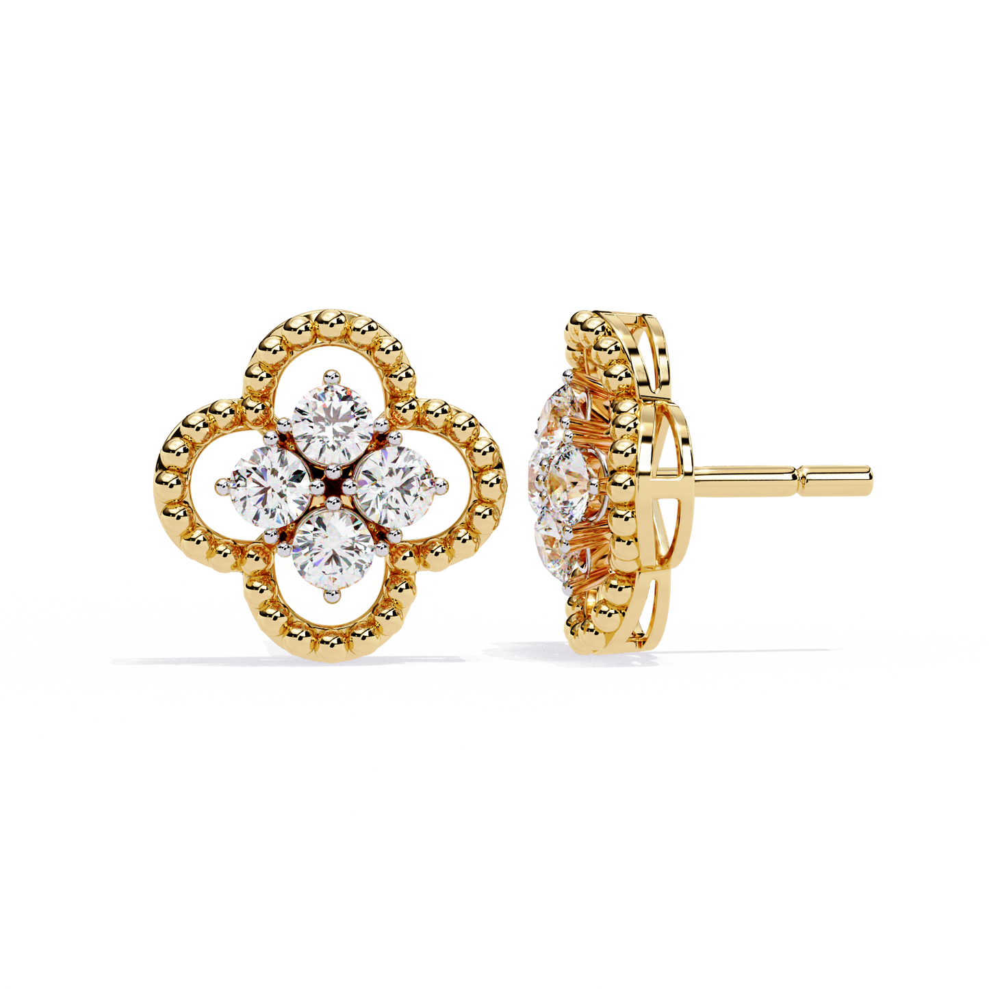 LAB-GROWN DIAMOND EARRING WITH CLOVER CLUSTER STUD DESIGN IN YELLOW GOLD SIDE VIEW FEATURING VVS TO VS+ D–F DIAMONDS LUXURY JEWELRY #YELLOW GOLD