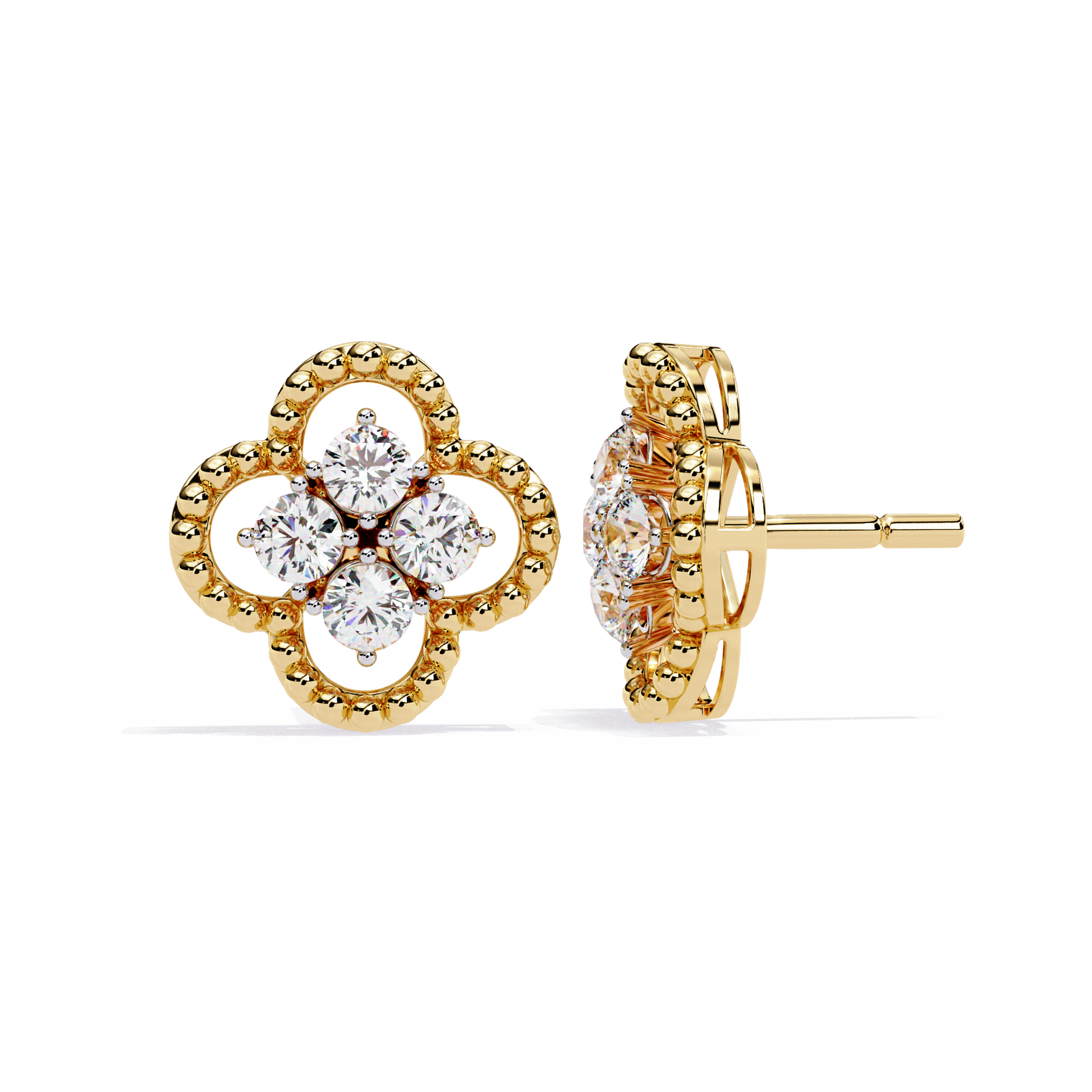 LAB-GROWN DIAMOND EARRING WITH CLOVER CLUSTER STUD DESIGN IN YELLOW GOLD SIDE VIEW FEATURING VVS TO VS+ D–F DIAMONDS LUXURY JEWELRY #YELLOW GOLD