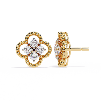 LAB-GROWN DIAMOND EARRING WITH CLOVER CLUSTER STUD DESIGN IN YELLOW GOLD SIDE VIEW FEATURING VVS TO VS+ D–F DIAMONDS LUXURY JEWELRY #YELLOW GOLD
