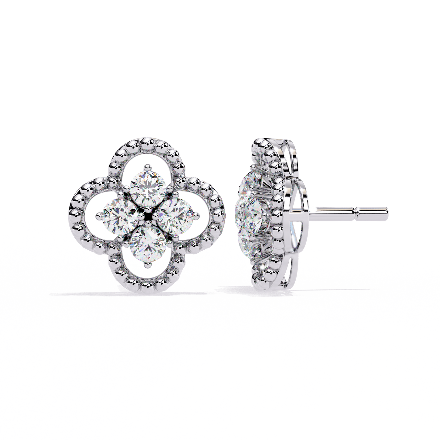 LAB-GROWN DIAMOND EARRING WITH CLOVER CLUSTER STUD DESIGN IN WHITE GOLD SIDE VIEW FEATURING VVS TO VS+ D–F DIAMONDS LUXURY JEWELRY #WHITE GOLD