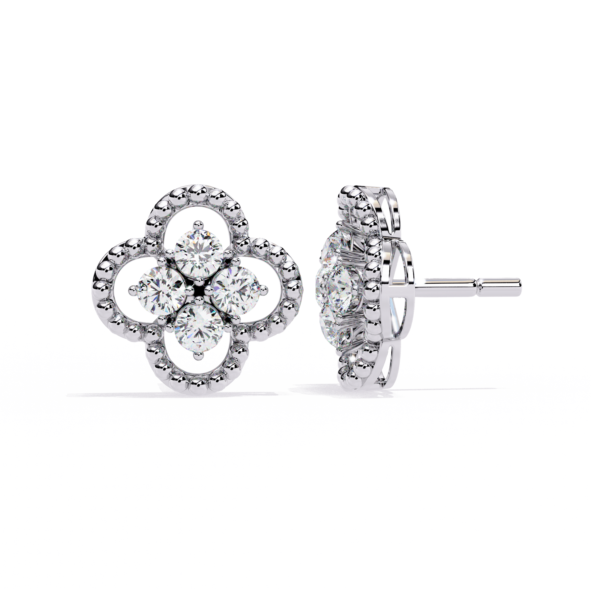 LAB-GROWN DIAMOND EARRING WITH CLOVER CLUSTER STUD DESIGN IN WHITE GOLD SIDE VIEW FEATURING VVS TO VS+ D–F DIAMONDS LUXURY JEWELRY #WHITE GOLD