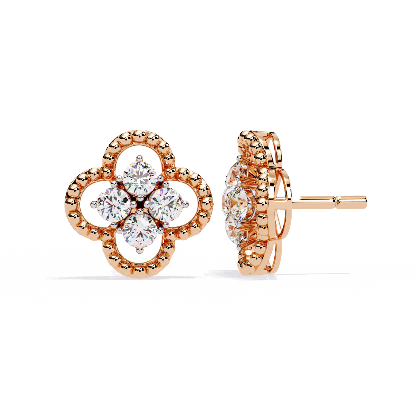 LAB-GROWN DIAMOND EARRING WITH CLOVER CLUSTER STUD DESIGN IN ROSE GOLD SIDE VIEW FEATURING VVS TO VS+ D–F DIAMONDS LUXURY JEWELRY #ROSE GOLD