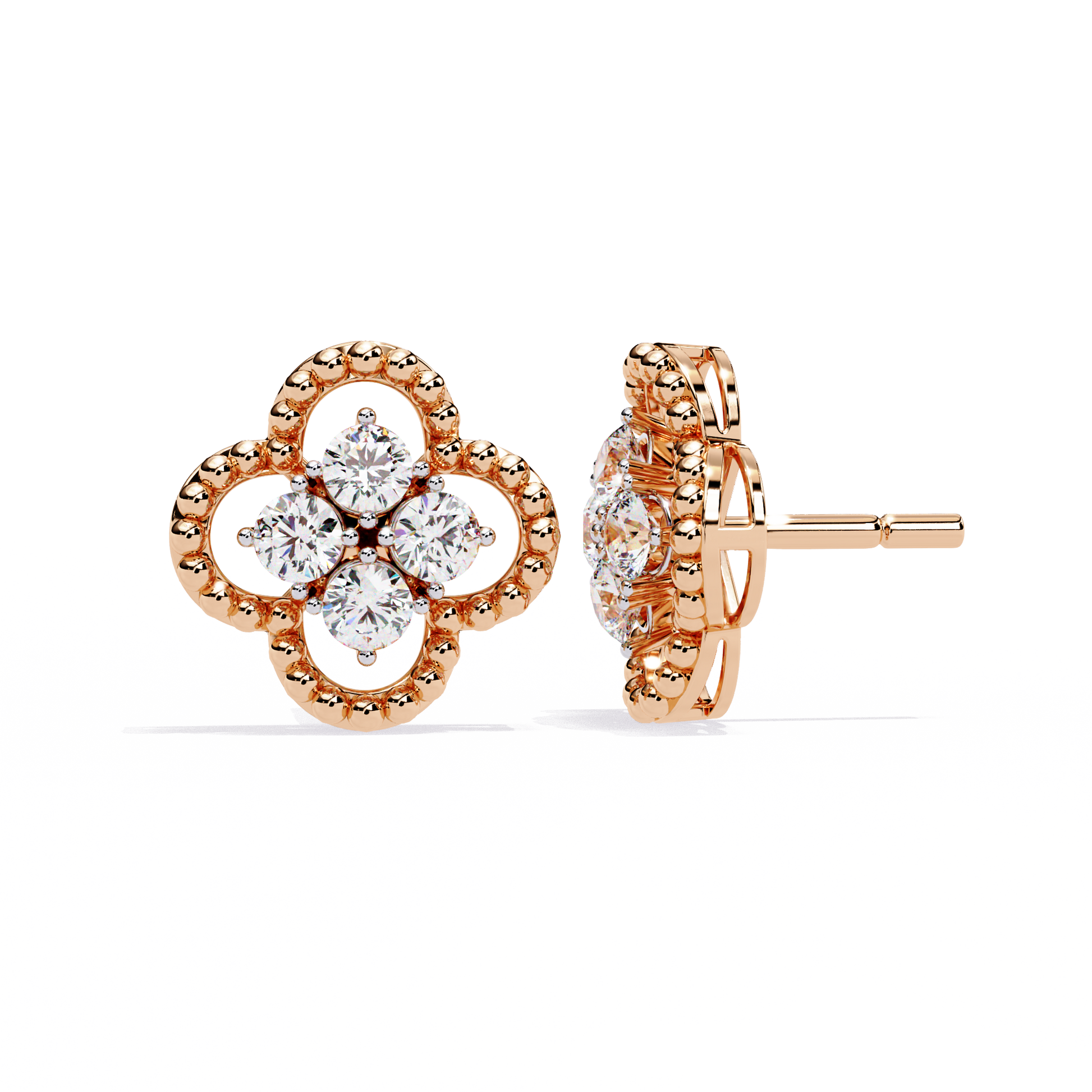 LAB-GROWN DIAMOND EARRING WITH CLOVER CLUSTER STUD DESIGN IN ROSE GOLD SIDE VIEW FEATURING VVS TO VS+ D–F DIAMONDS LUXURY JEWELRY #ROSE GOLD
