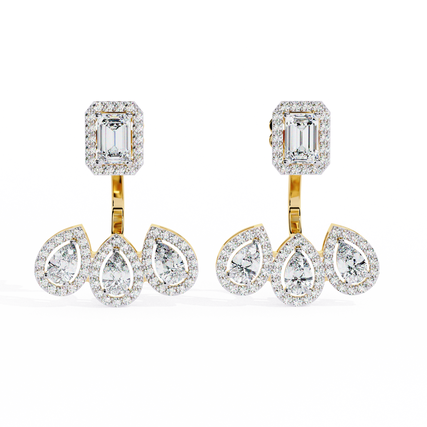 LAB-GROWN DIAMOND EARRING WITH EMERALD HALO TOP AND TRIPLE PEAR DROP DESIGN IN YELLOW GOLD FEATURING DIAMOND CLARITY VVS TO VS+ AND DIAMOND COLOR D–F LUXURY JEWELRY #YELLOW GOLD