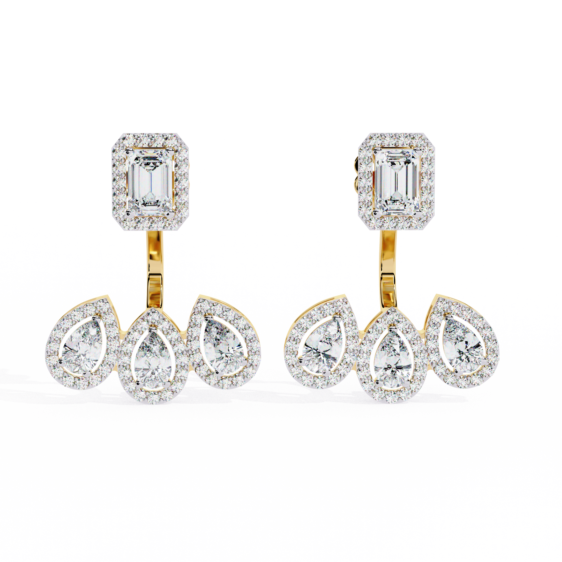LAB-GROWN DIAMOND EARRING WITH EMERALD HALO TOP AND TRIPLE PEAR DROP DESIGN IN YELLOW GOLD FEATURING DIAMOND CLARITY VVS TO VS+ AND DIAMOND COLOR D–F LUXURY JEWELRY #YELLOW GOLD