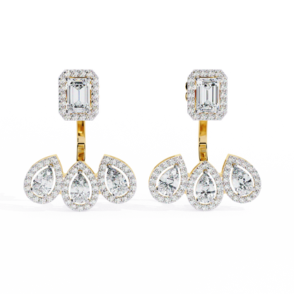LAB-GROWN DIAMOND EARRING WITH EMERALD HALO TOP AND TRIPLE PEAR DROP DESIGN IN YELLOW GOLD FEATURING DIAMOND CLARITY VVS TO VS+ AND DIAMOND COLOR D–F LUXURY JEWELRY #YELLOW GOLD
