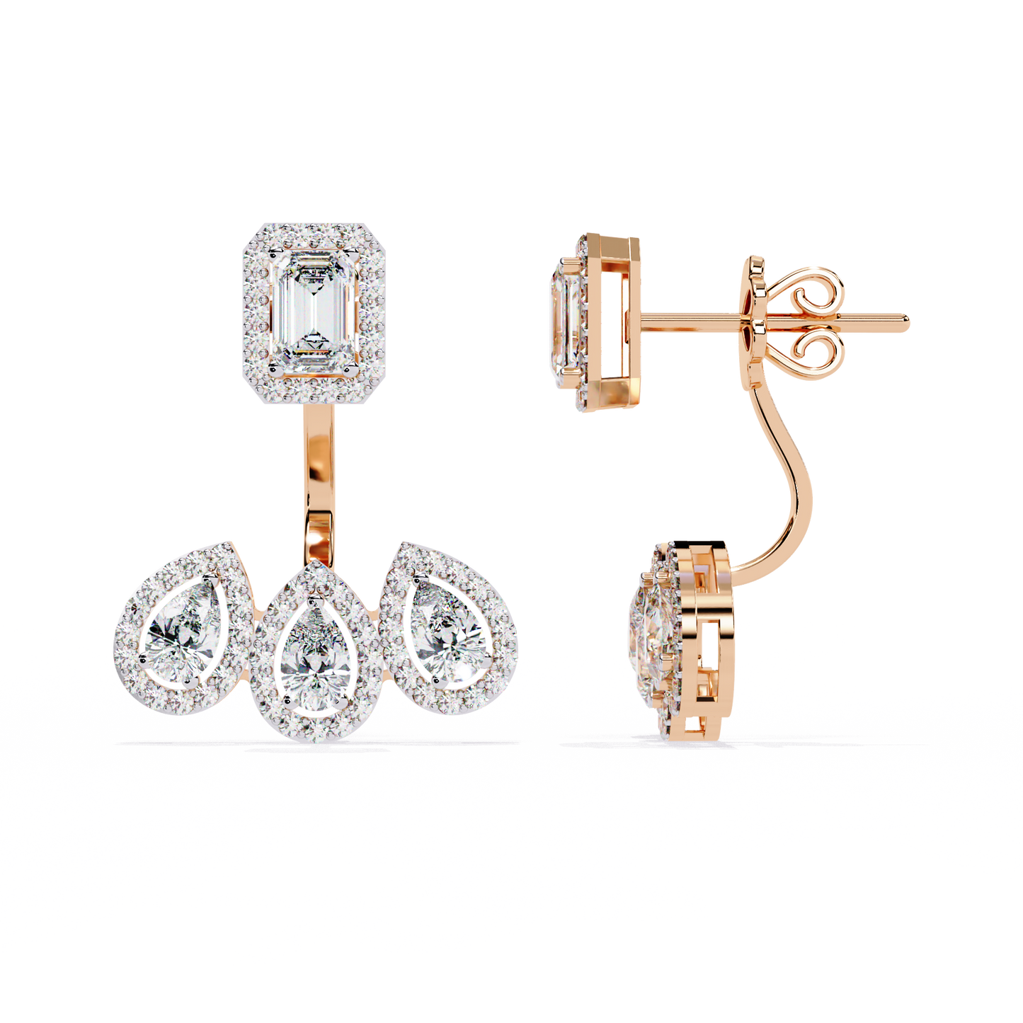 LAB-GROWN DIAMOND EARRING BACK VIEW WITH EMERALD HALO TOP AND TRIPLE PEAR DROP DESIGN IN ROSE GOLD FEATURING DIAMOND CLARITY VVS TO VS+ AND DIAMOND COLOR D–F LUXURY JEWELRY #ROSE GOLD