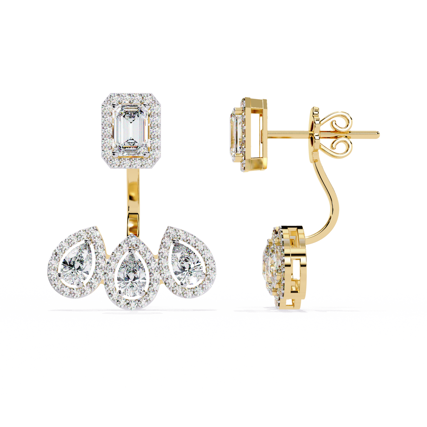 LAB-GROWN DIAMOND EARRING WITH EMERALD HALO TOP AND TRIPLE PEAR DROP DESIGN IN YELLOW GOLD FEATURING DIAMOND CLARITY VVS TO VS+ AND DIAMOND COLOR D–F LUXURY JEWELRY #YELLOW GOLD