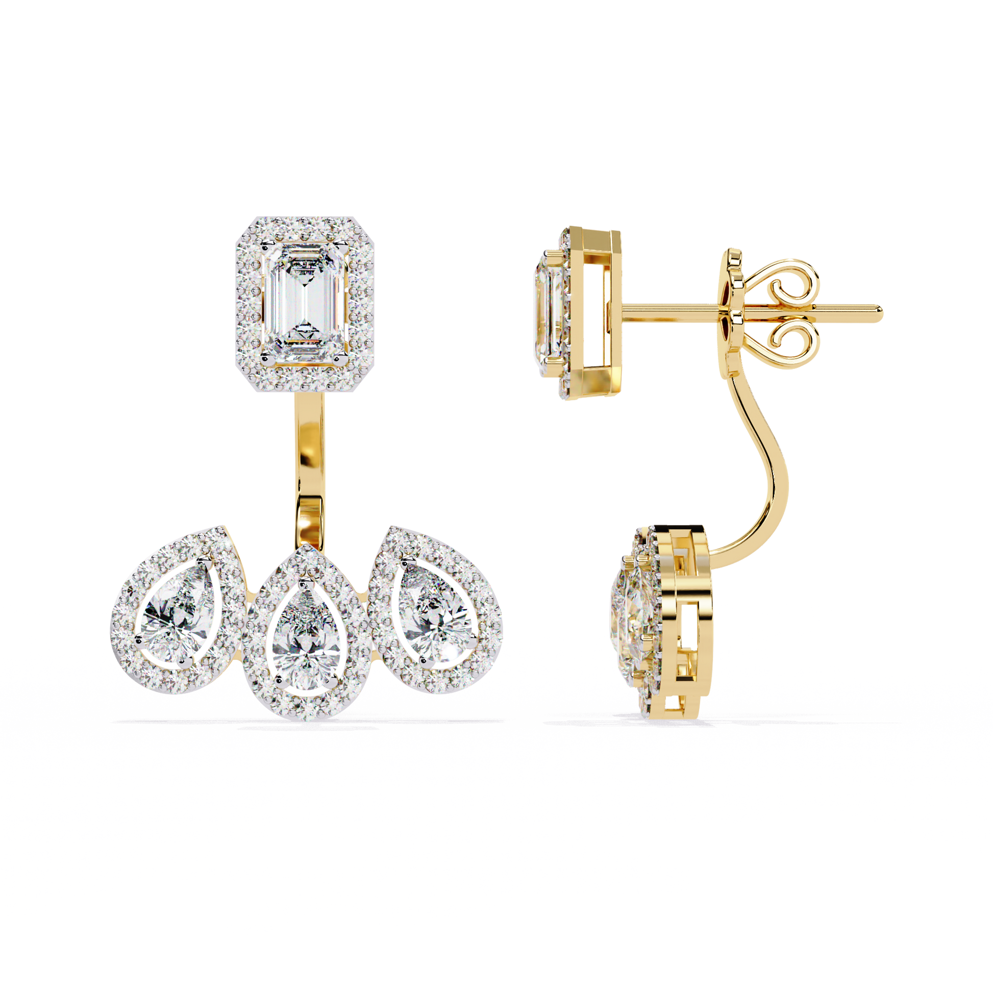 LAB-GROWN DIAMOND EARRING WITH EMERALD HALO TOP AND TRIPLE PEAR DROP DESIGN IN YELLOW GOLD FEATURING DIAMOND CLARITY VVS TO VS+ AND DIAMOND COLOR D–F LUXURY JEWELRY #YELLOW GOLD