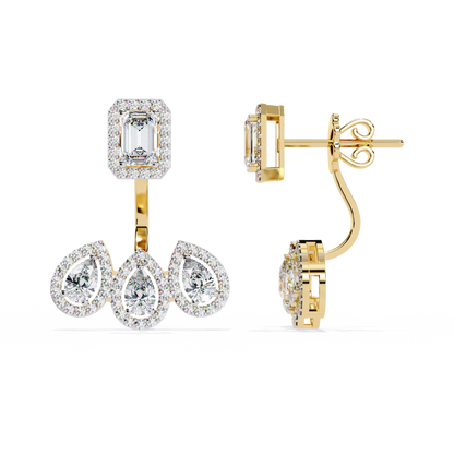LAB-GROWN DIAMOND EARRING WITH EMERALD HALO TOP AND TRIPLE PEAR DROP DESIGN IN YELLOW GOLD FEATURING DIAMOND CLARITY VVS TO VS+ AND DIAMOND COLOR D–F LUXURY JEWELRY #YELLOW GOLD